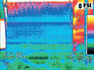 Photo shows the thermal image of the Kaparel/Rittal backplane under full load conditions - 14 slots at 200 W each. The red imaging at the top is the feed-through from load resistors